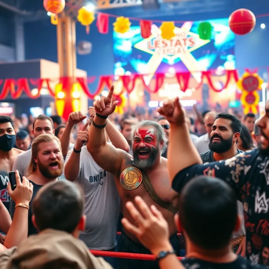 A lively crowd enjoying the Shooting Star Fest in Las Vegas with diverse wrestlers.
