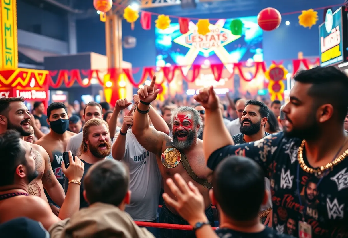 A lively crowd enjoying the Shooting Star Fest in Las Vegas with diverse wrestlers.