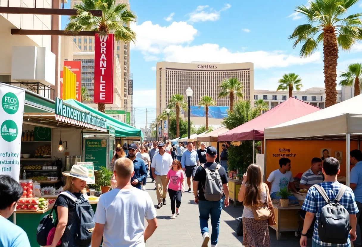 Families and friends enjoying sustainable food options at a community event in Las Vegas for Earth Month.