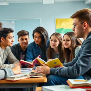 Diverse teenagers studying together in a classroom