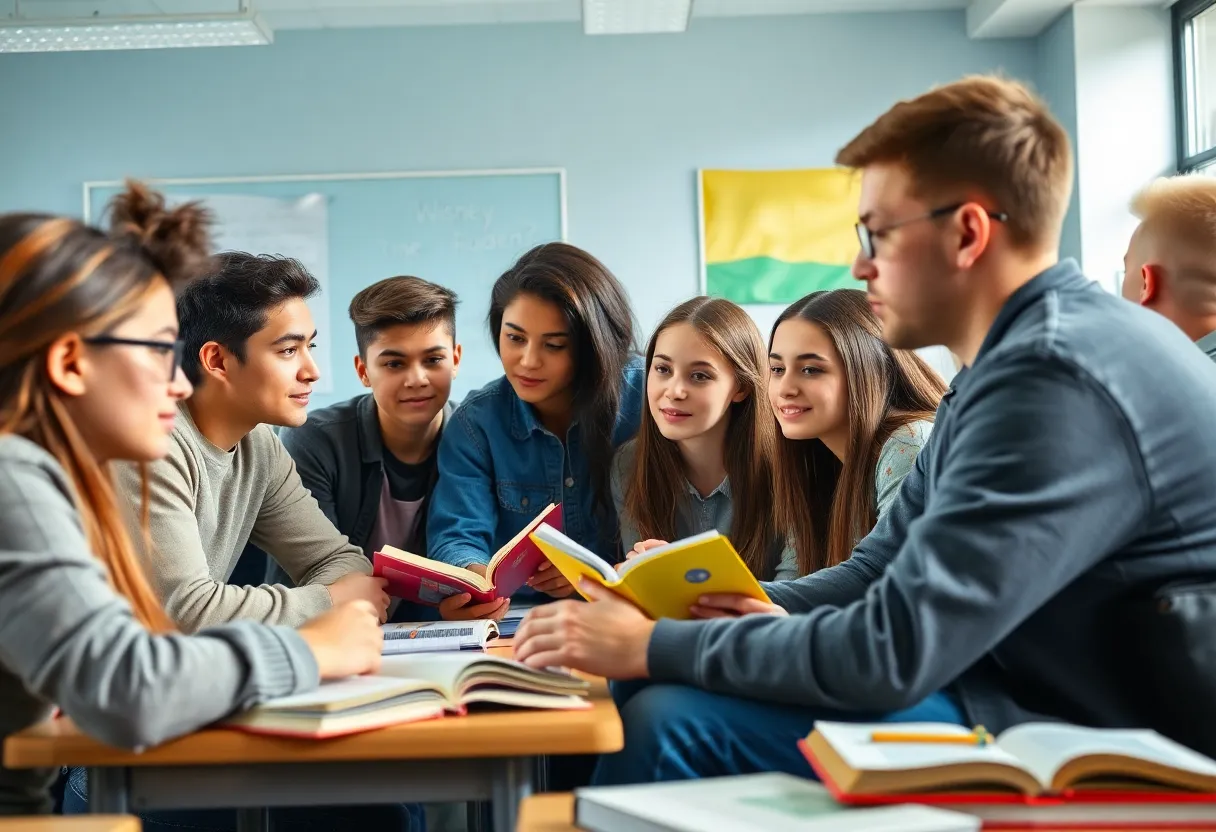 Diverse teenagers studying together in a classroom