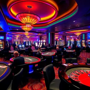 Casino gaming scene at The Strat Hotel with blackjack tables
