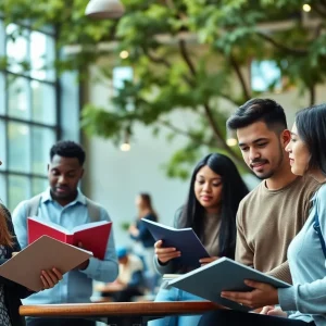 University students on campus representing diversity and academic collaboration
