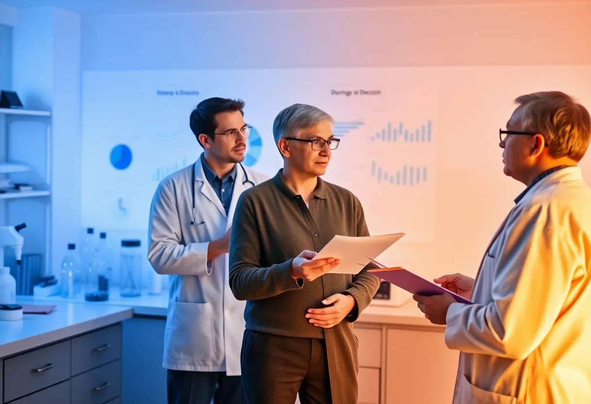 Researchers in a lab discussing dementia research