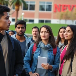 Group of diverse students at UNLV looking worried about visa revocations.