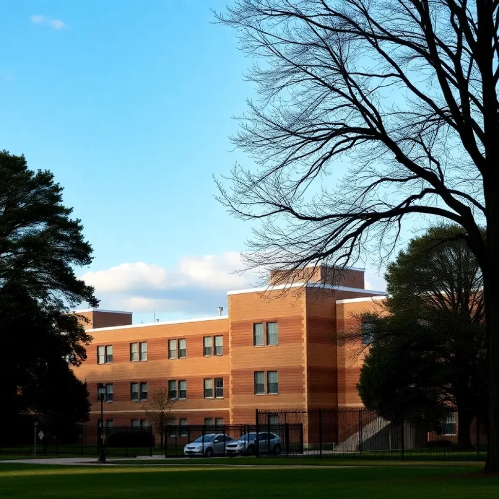Exterior view of a women's correctional facility surrounded by nature.
