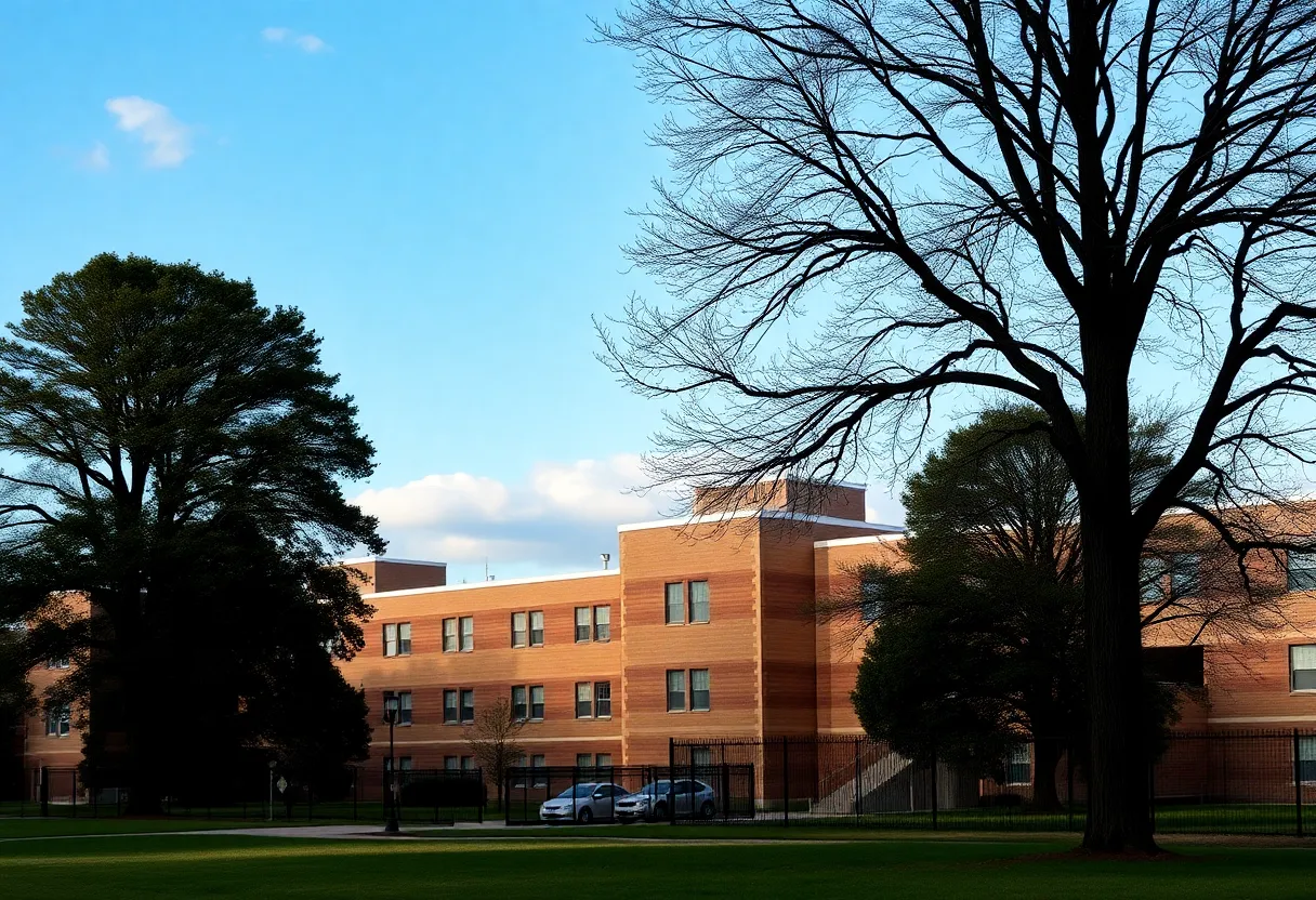 Exterior view of a women's correctional facility surrounded by nature.