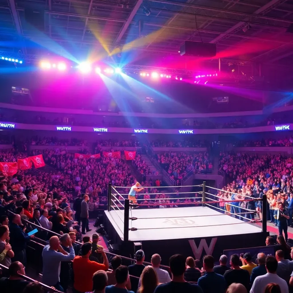 Wrestling event with fans and action in the ring