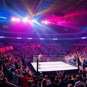 Wrestling event with fans and action in the ring