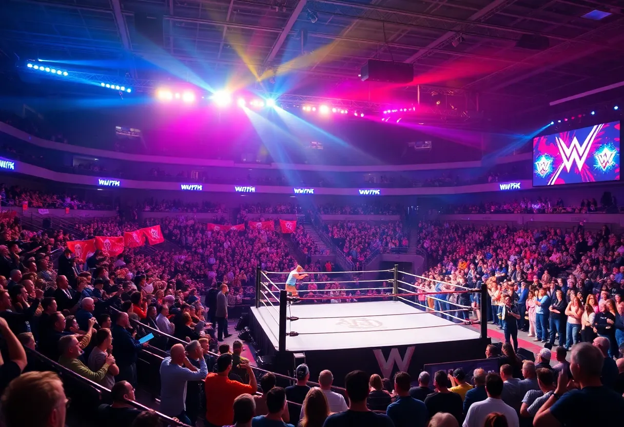 Wrestling event with fans and action in the ring
