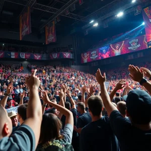 Fans cheering at a wrestling event in Philadelphia