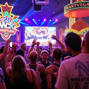 Crowd of wrestling fans at a Las Vegas party during WrestleMania Week