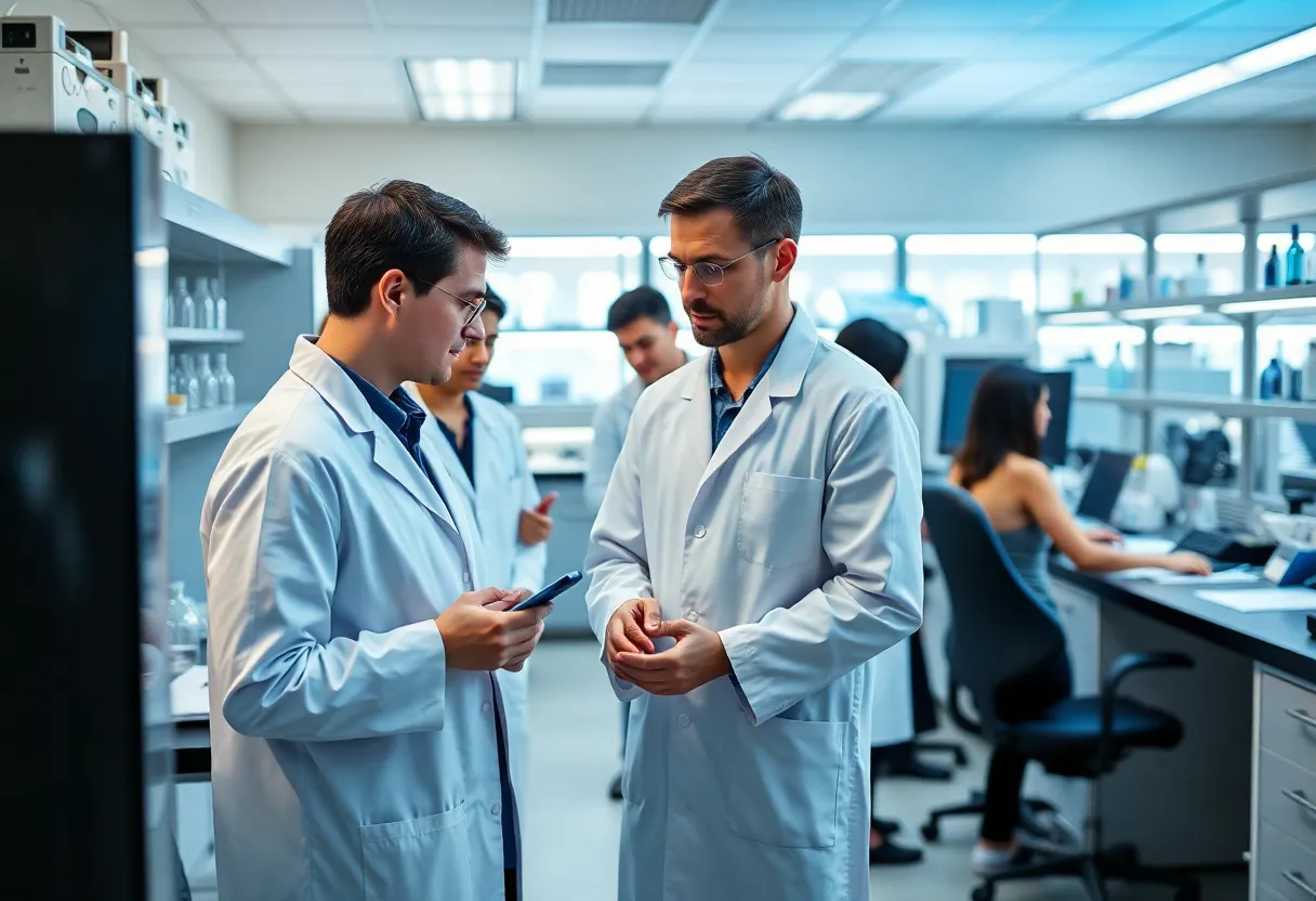 Research lab focused on Alzheimer's disease treatment and research, with scientists conducting experiments.