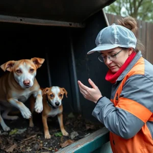 Animal rescue worker examining a dumpster for abandoned pets