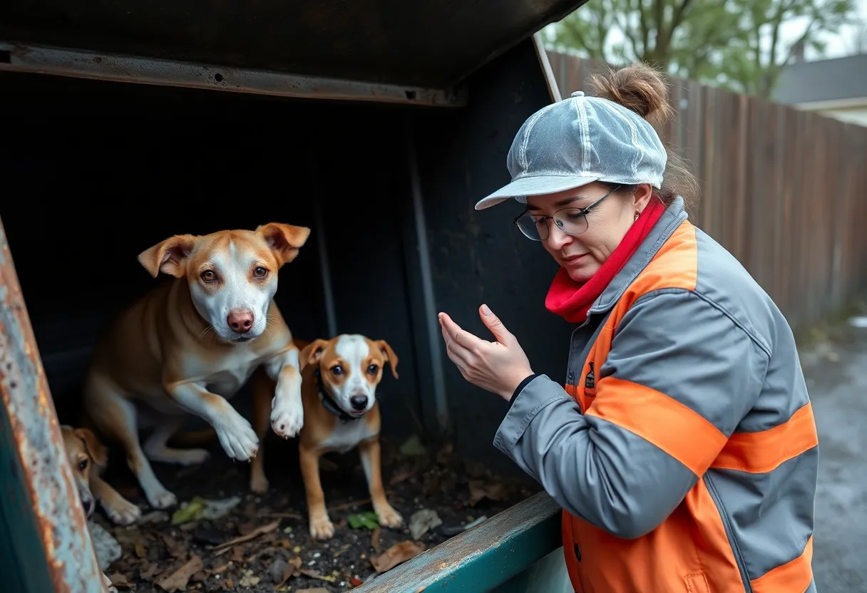 Animal rescue worker examining a dumpster for abandoned pets