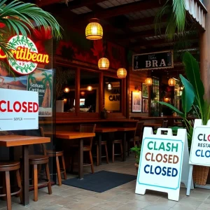 Closed Bahama Breeze restaurant in Las Vegas with signs.