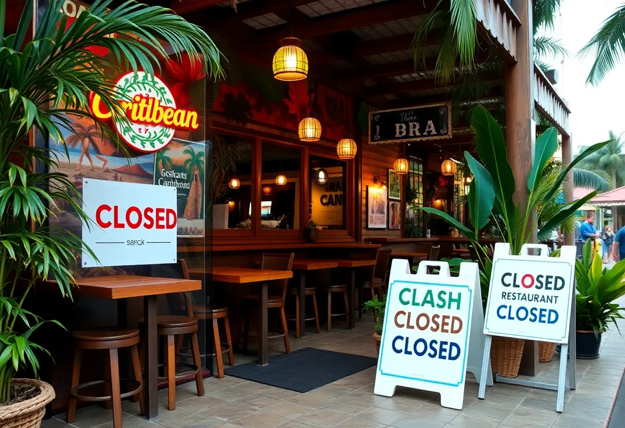 Closed Bahama Breeze restaurant in Las Vegas with signs.