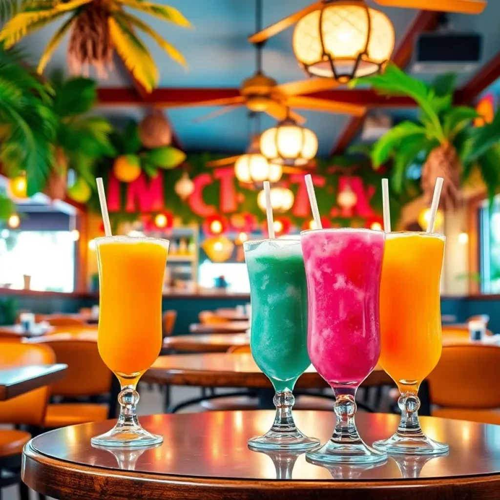 Interior view of Bahama Breeze restaurant with tropical theme