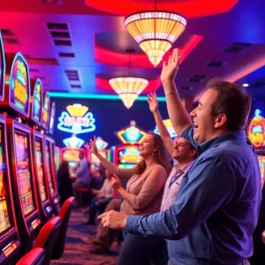 Celebrating a significant jackpot win at a Las Vegas casino.
