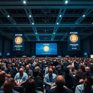 Attendees at the Bitcoin 2025 conference discussing cryptocurrency.