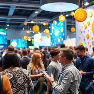 Scene from the bitcoin conference in Las Vegas with attendees discussing cryptocurrency.