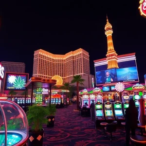 Vibrant scene of cannabis lounges and gaming areas in Las Vegas.