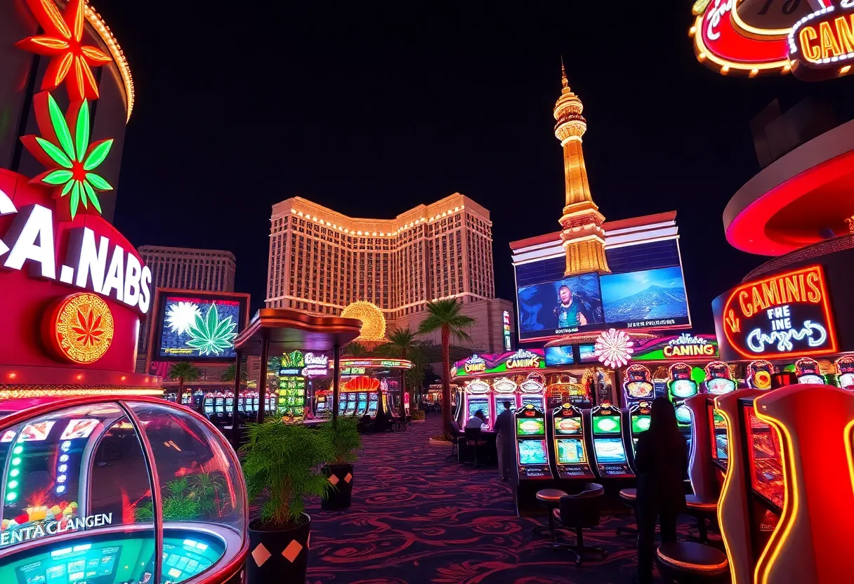 Vibrant scene of cannabis lounges and gaming areas in Las Vegas.
