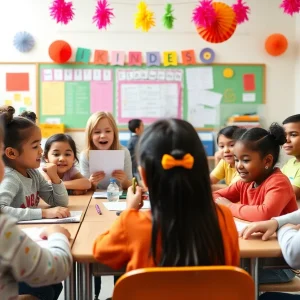 Students engaging in acts of kindness in a colorful classroom.