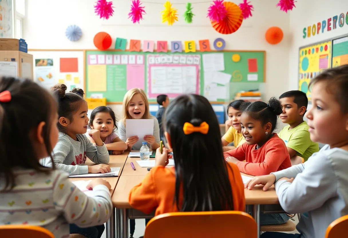 Students engaging in acts of kindness in a colorful classroom.