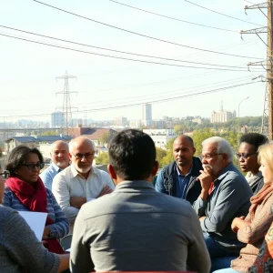 Diverse community members discussing utility issues in a meeting.