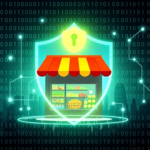 Graphic representation of cybersecurity protecting a grocery store.