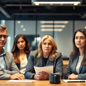 Business professionals discussing a corporate scandal in a modern office.