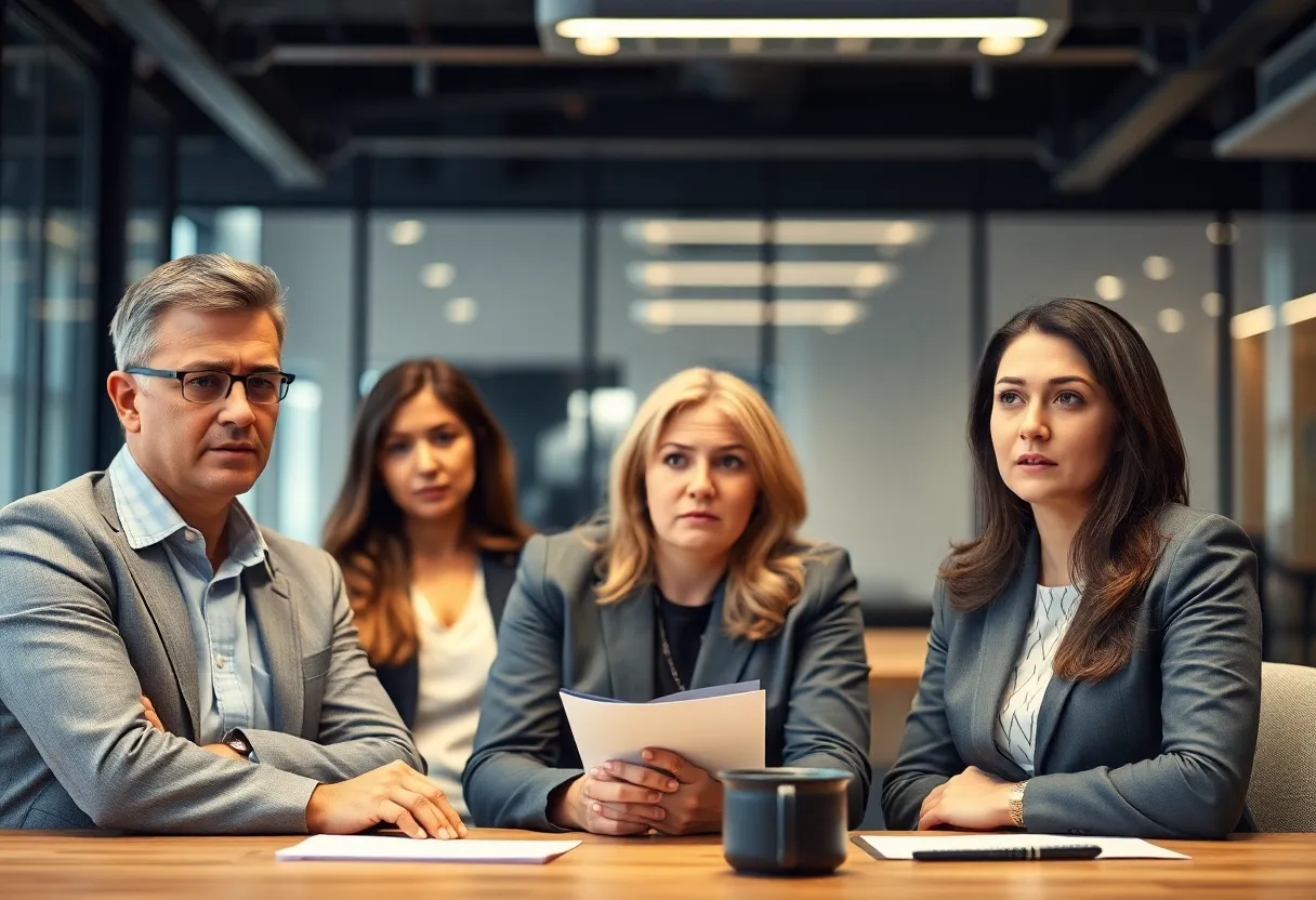 Business professionals discussing a corporate scandal in a modern office.