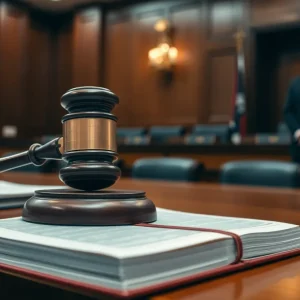 Courtroom setting with legal books and gavel, symbolizing child exploitation case.