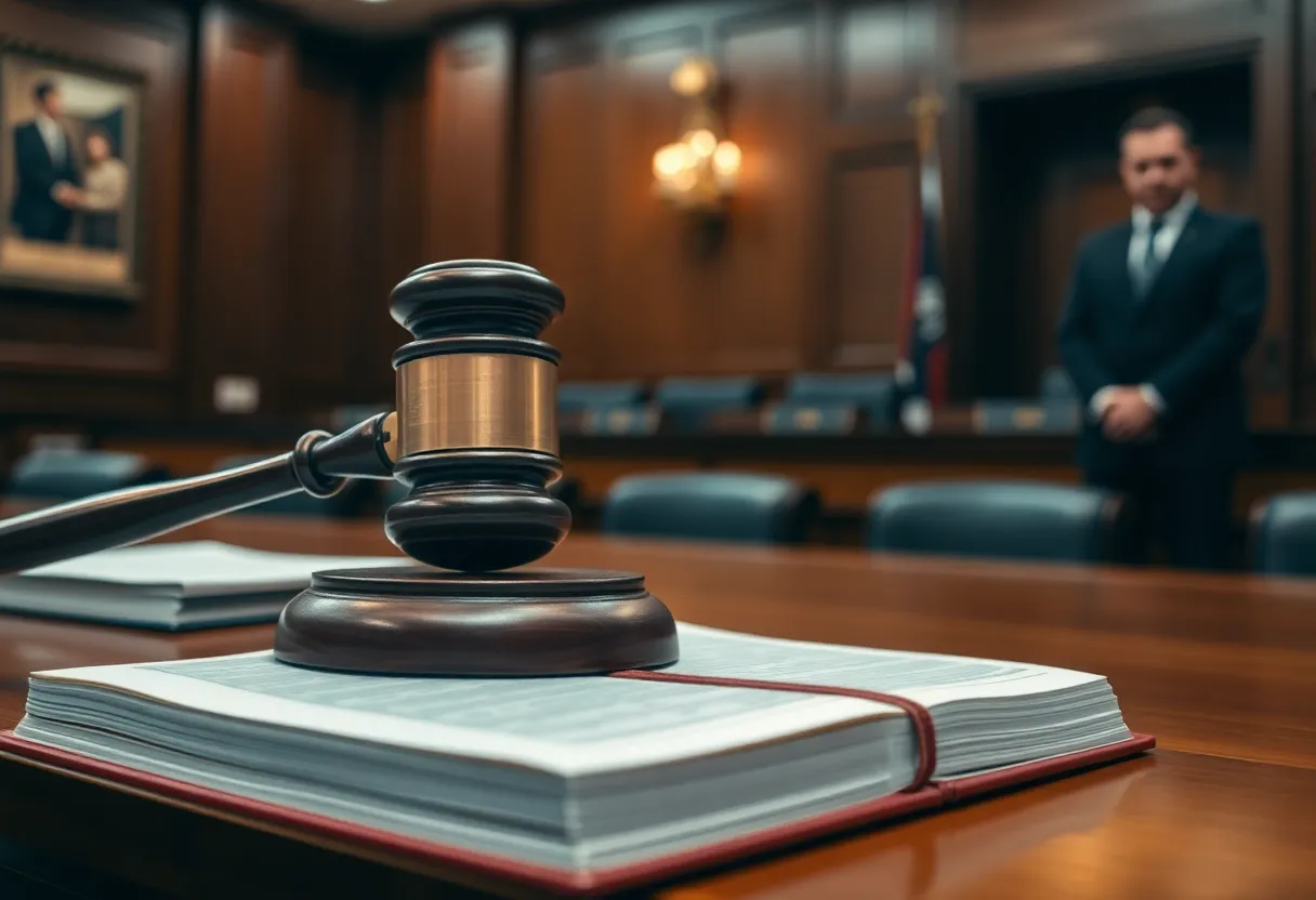 Courtroom setting with legal books and gavel, symbolizing child exploitation case.