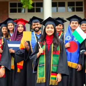 Students holding cultural symbols at graduation