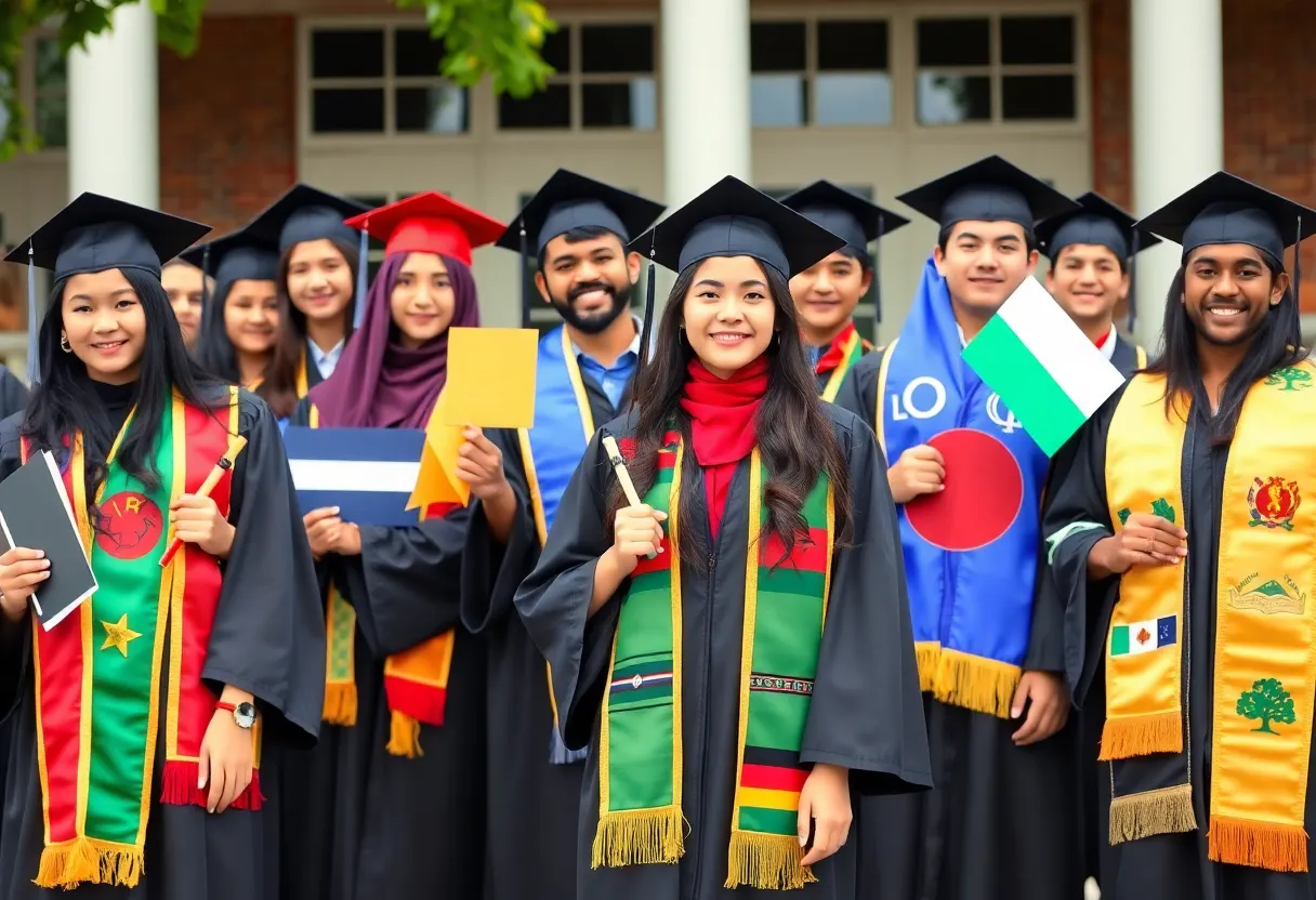 Students holding cultural symbols at graduation