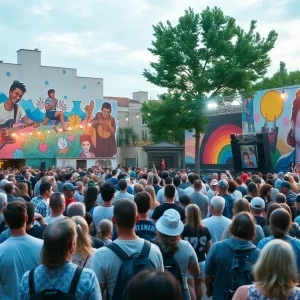 Crowd enjoying a music concert with art installations