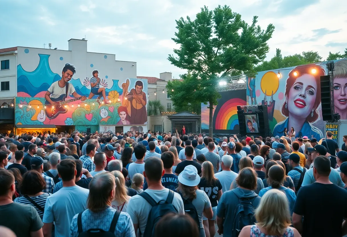 Crowd enjoying a music concert with art installations