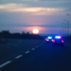 Dramatic sunset road scene with police lights, emphasizing DUI dangers