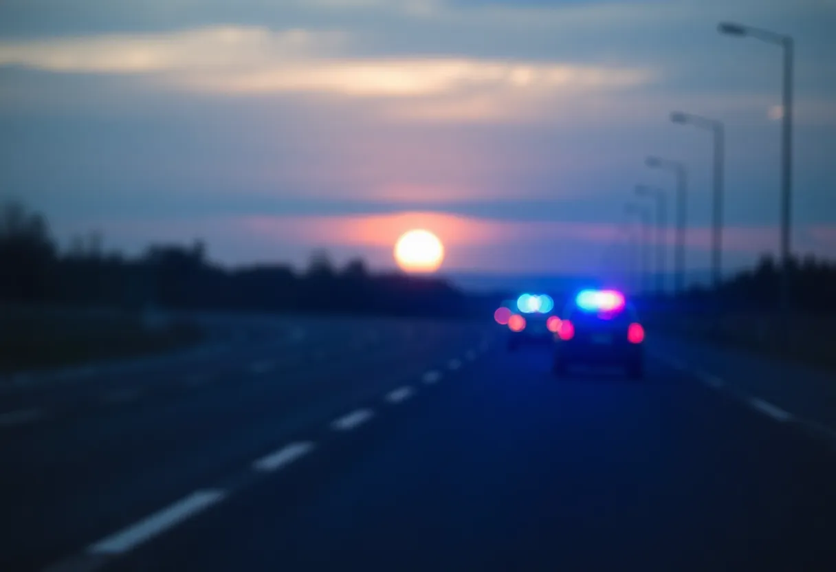 Dramatic sunset road scene with police lights, emphasizing DUI dangers