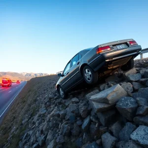 Vehicle precariously hanging off a rocky embankment on Interstate 11