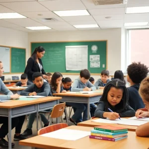 Students and teachers in a classroom representing education reform
