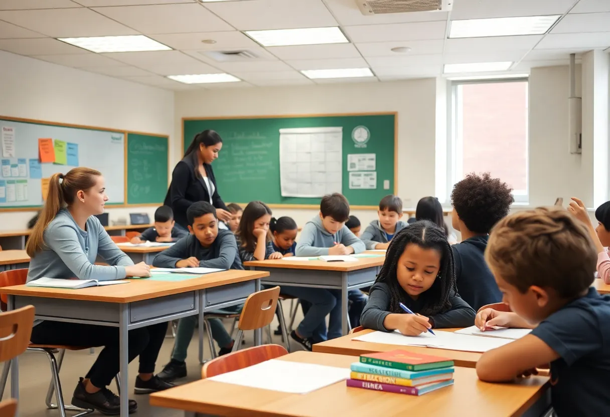 Students and teachers in a classroom representing education reform