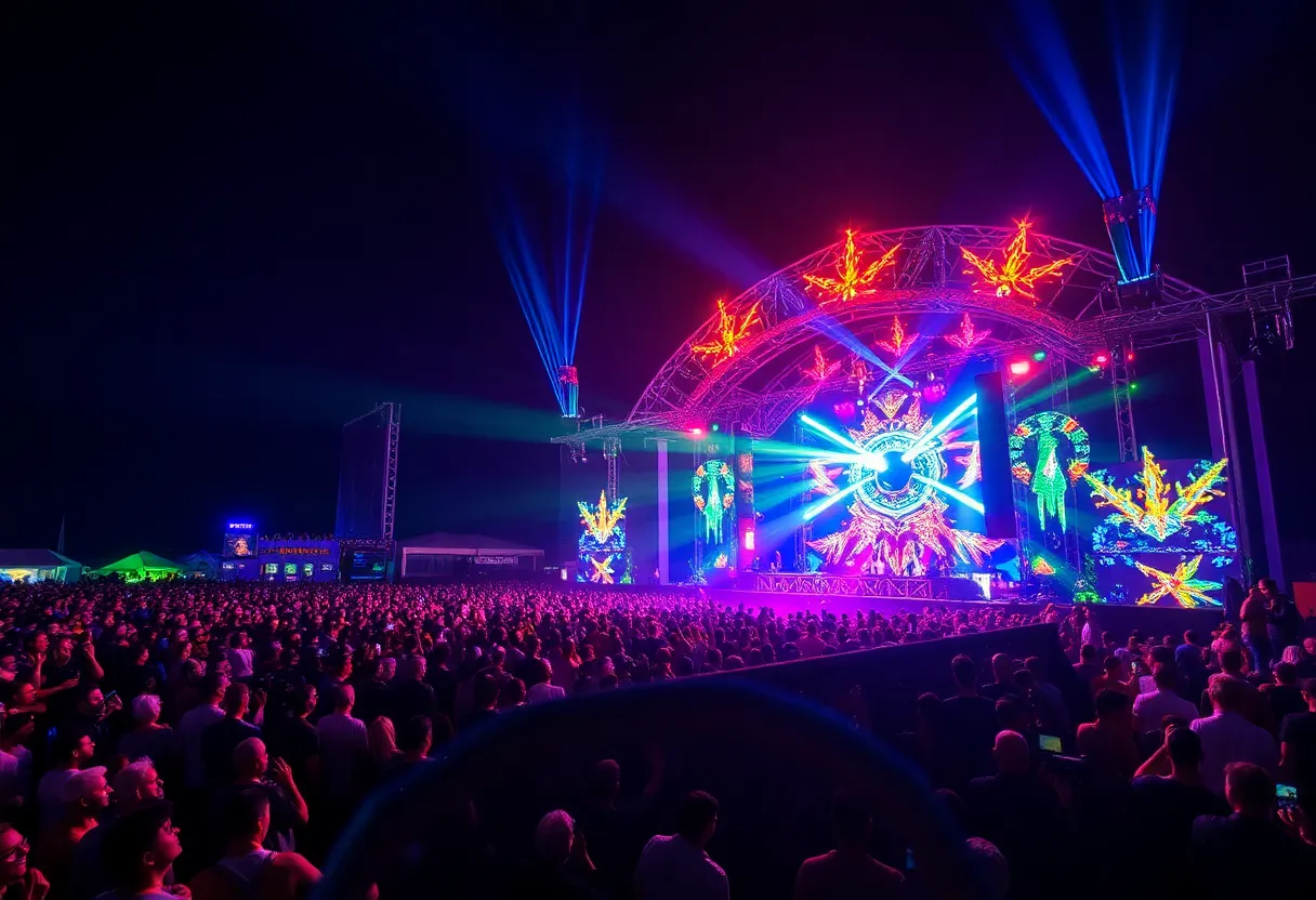Crowd enjoying the Electric Daisy Carnival festival with colorful lights and multiple stages.