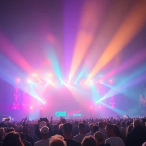 Crowd at Electric Daisy Carnival with safety personnel