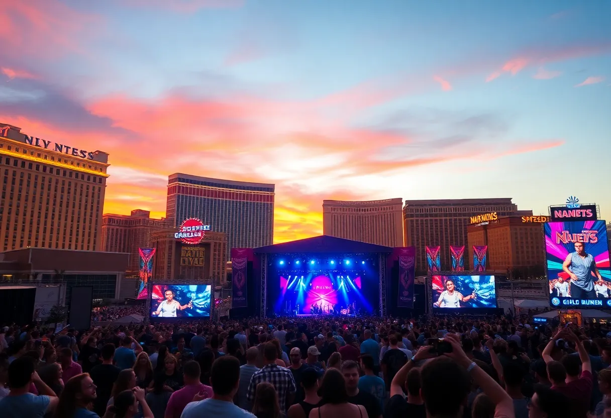 Crowd enjoying the Electric Daisy Carnival with colorful lights and stages in Las Vegas
