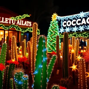 Holiday Cactus Garden at Ethel M Chocolates with festive lights