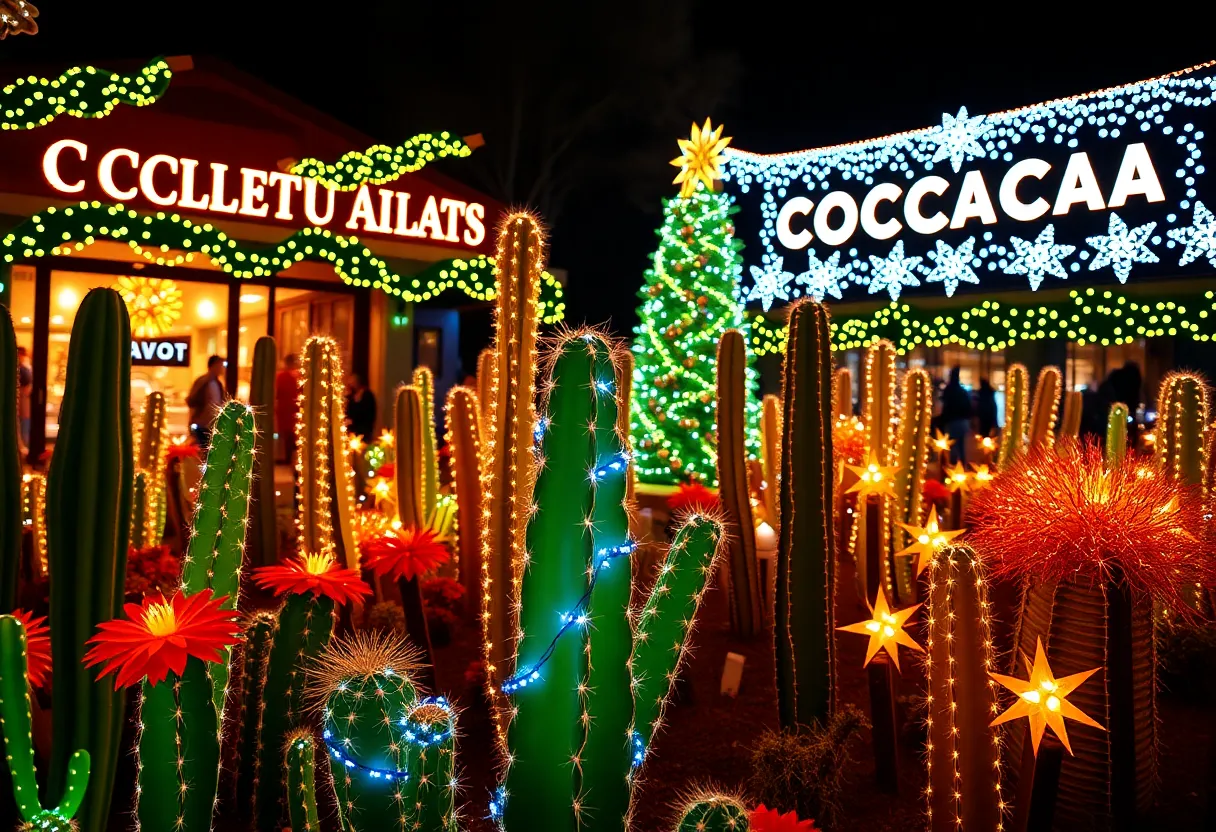 Holiday Cactus Garden at Ethel M Chocolates with festive lights