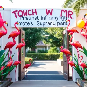 Colorful flamingos at the entrance of Big Brothers Big Sisters office in Pahrump